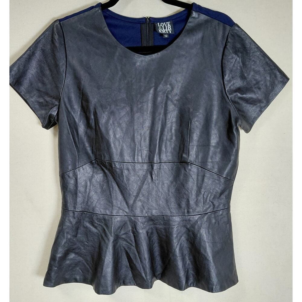 LOVE & LIBERTY Lamb Skin Peplum Top Blue Solid Short Sleeve Women Size 12